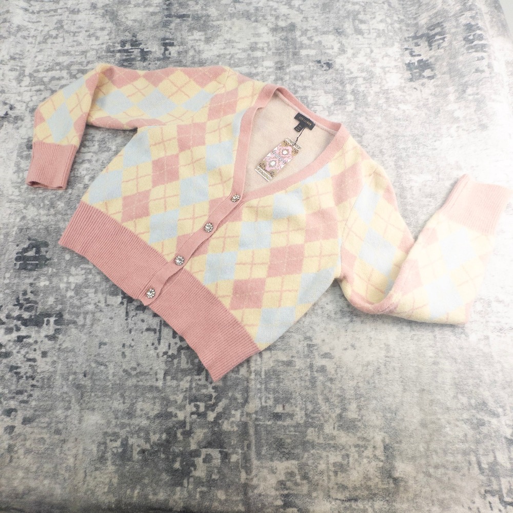 QED London Womens M Argyle Diamante Button Down Cardigan Pastel Pink Yellow NWT